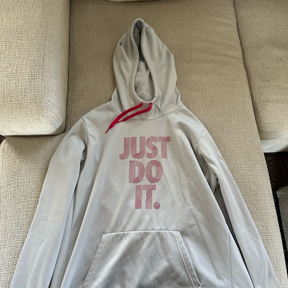 Nike Kids Light Gray Hoodie with Pink Text